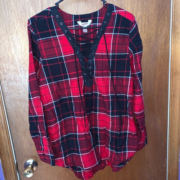 Red plaid lace-up top from JC Penney. - Picture 1 of 2